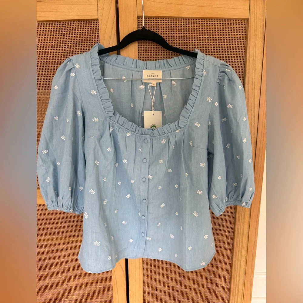Sezane Kellia Blouse in Denim size 6 NWT 100% cotton - Picture 2 of 16